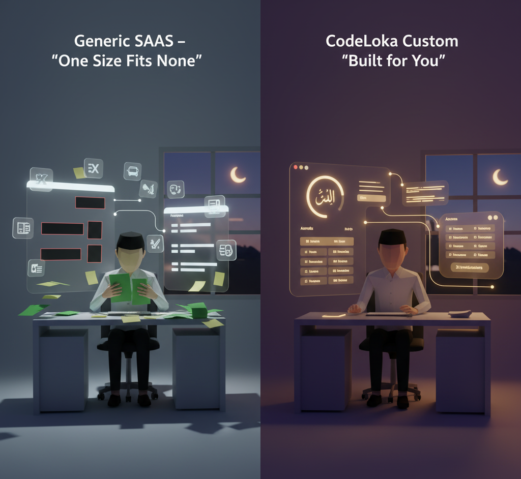 Perbandingan: Sistem Kustom Codeloka vs. Aplikasi Sekolah Generik (SaaS)